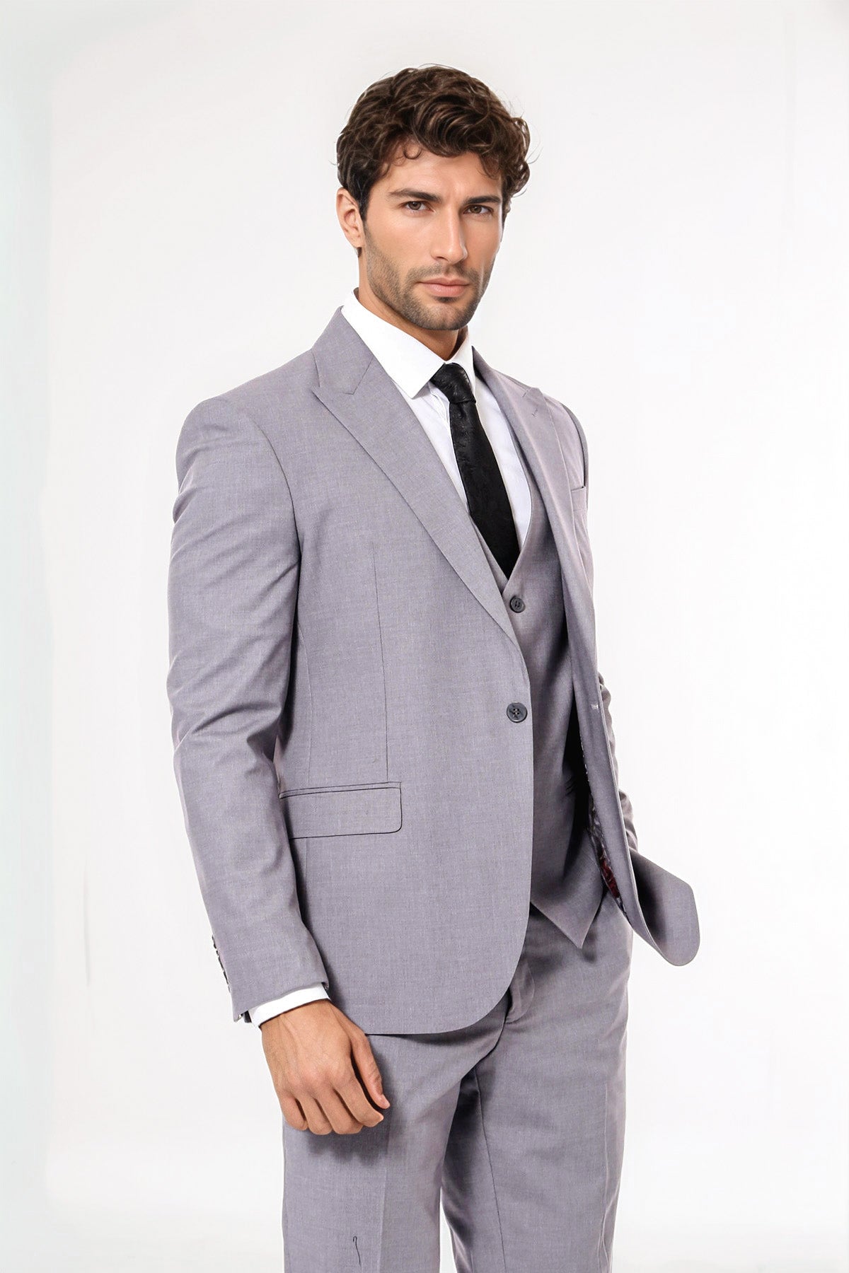 Men's Grey Plain Suit With Vest