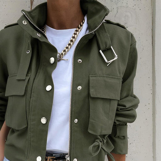 Women's Stand Collar Drawstring Hem Casual Jacket