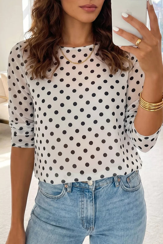 Polka Dot Sheer Mesh Long Sleeve Shift Top