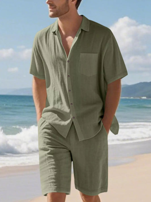 Men's Plus Size Casual Button Up Shorts Set