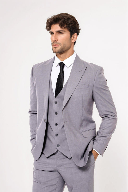 Men's Grey Plain Suit With Vest
