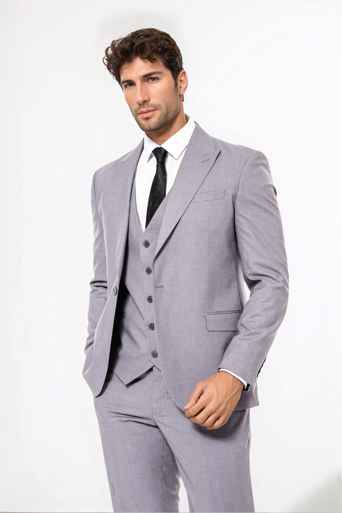Men's Grey Plain Suit With Vest
