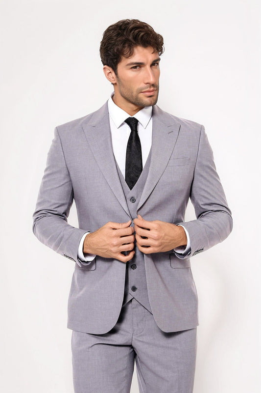 Men's Grey Plain Suit With Vest