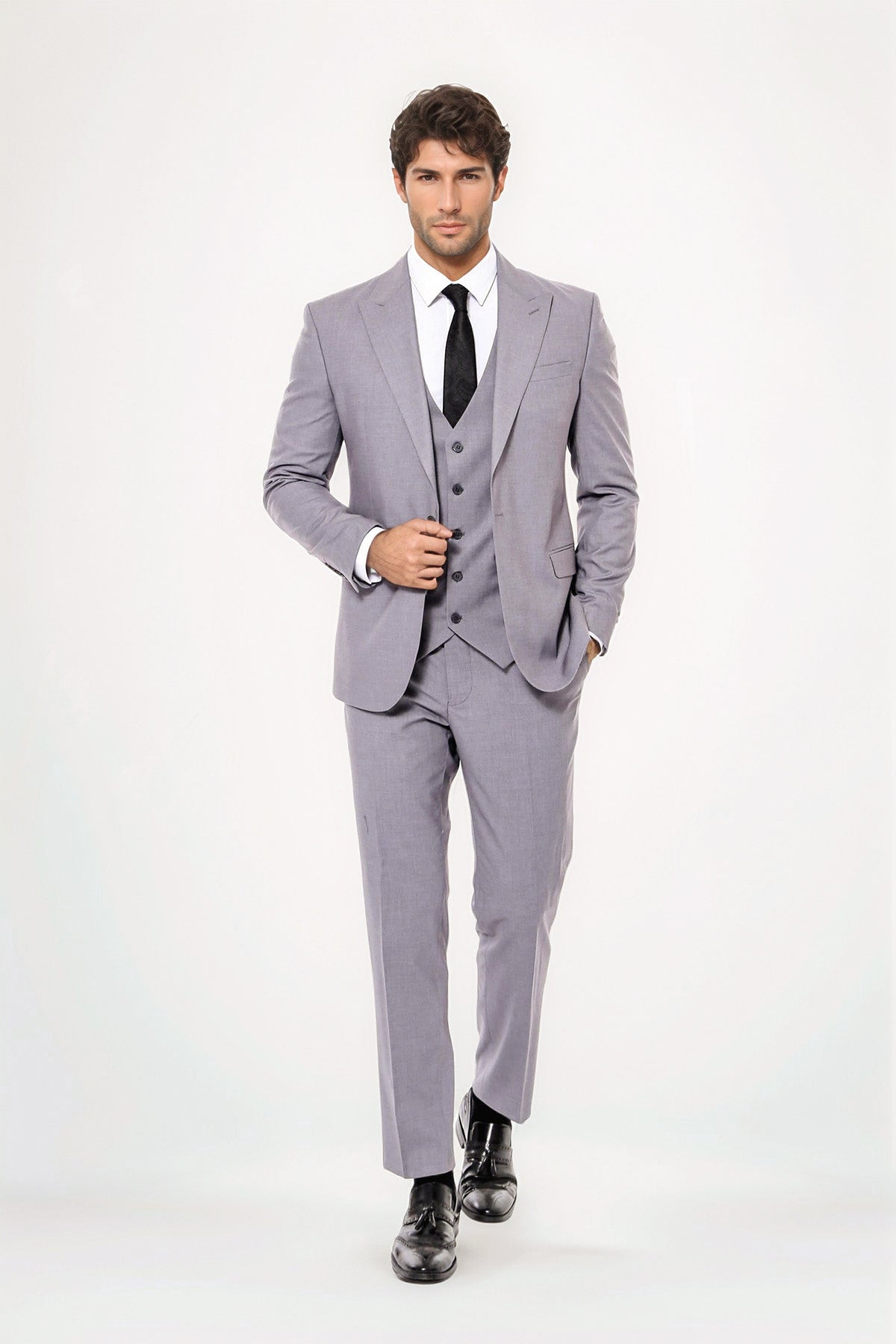 Men's Grey Plain Suit With Vest
