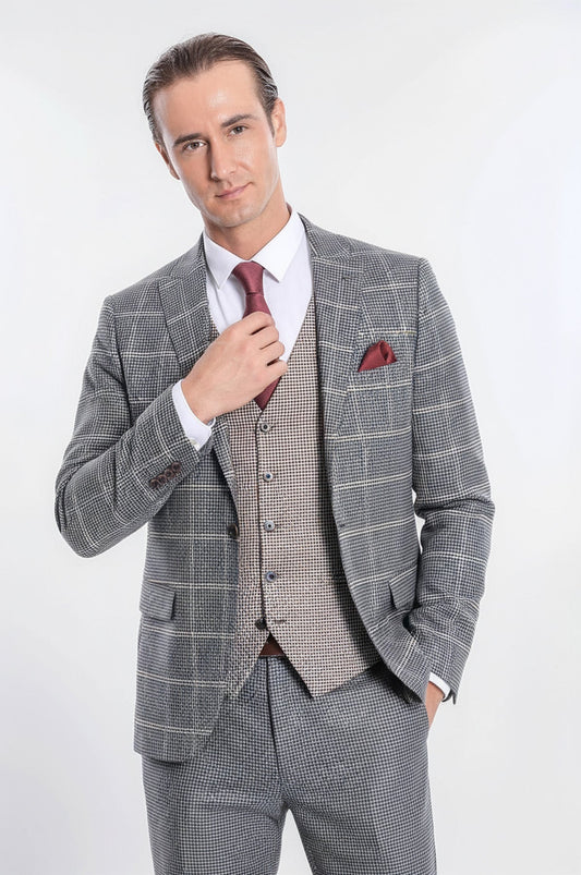 Men's Checked Beige Vest Slim Fit Suit