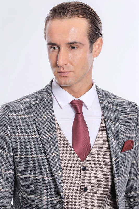 Men's Checked Beige Vest Slim Fit Suit