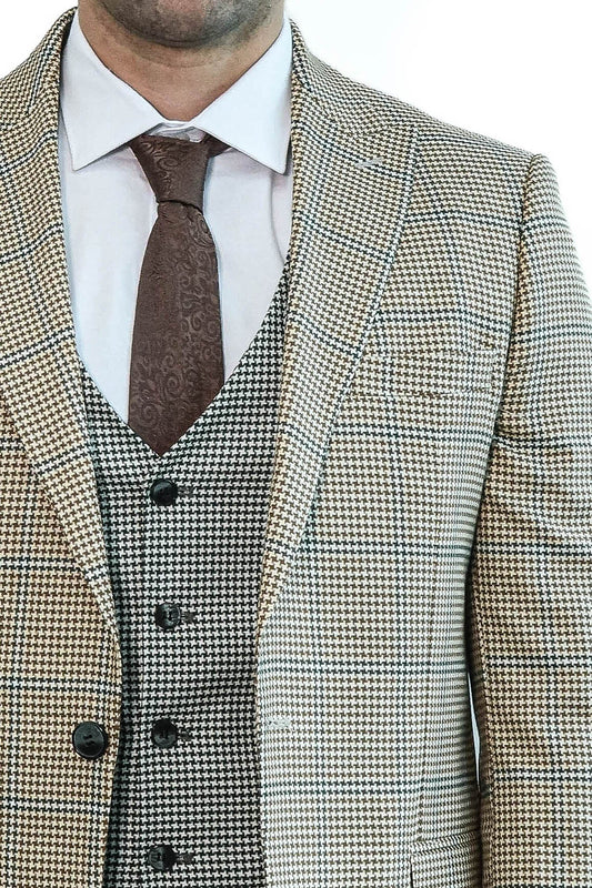 Men's Checked Patterned Slim Fit Beige Suit