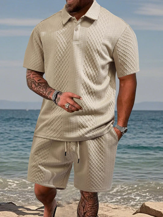 Men's Plus Size Textured Knit Polo Shorts Set