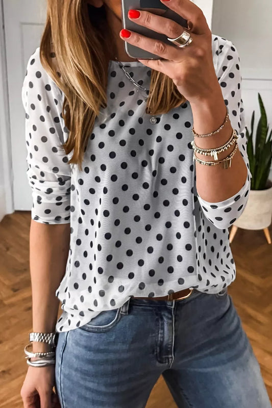 Polka Dot Sheer Mesh Long Sleeve Shift Top