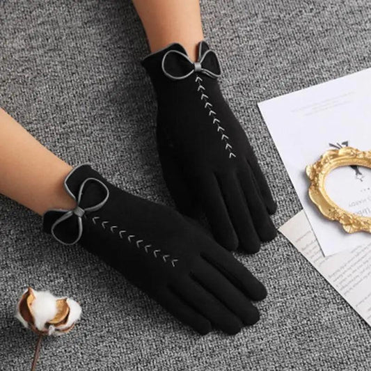 Elegant Black Women's Winter Warm Bow Gloves